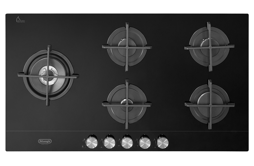 De'Longhi NSL 590D NCM Piano Cottura da Incasso 90 cm Gas 5 Fuochi Vetro Nero con Doppia Corona e Griglie in Ghisa