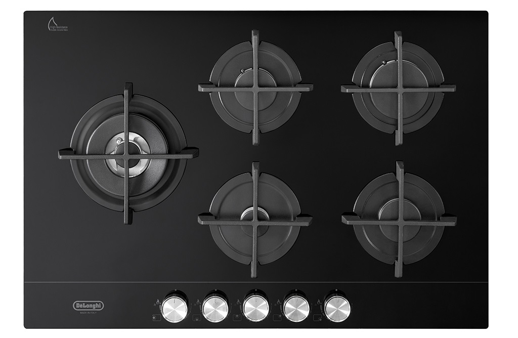De'Longhi NSL 575D NCM Piano Cottura da Incasso 75 cm Gas 5 Fuochi Vetroceramica Nera con Bruciatore Doppia Corona