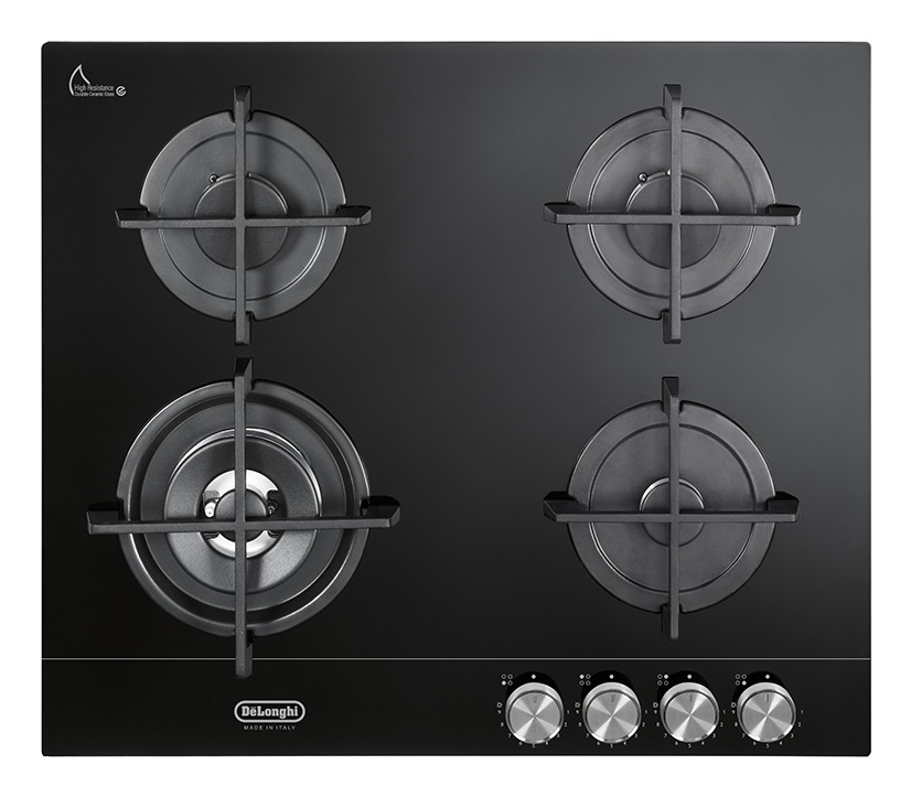 De Longhi NSL460NCM Piano Cottura 4 Fuochi a Gas 60 cm in Vetroceramica Nero con Griglie in Ghisa