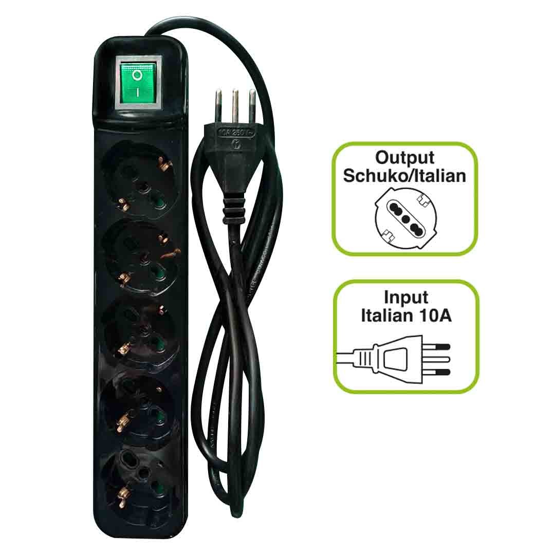 Tecnoware FMP5IIG Multipresa Filtrata Power Cleaner 5 con 5 Prese Schuko/Italia, Interruttore Luminoso, Child Protection, Cavo da 1,5 m, Colore Nero e Verde