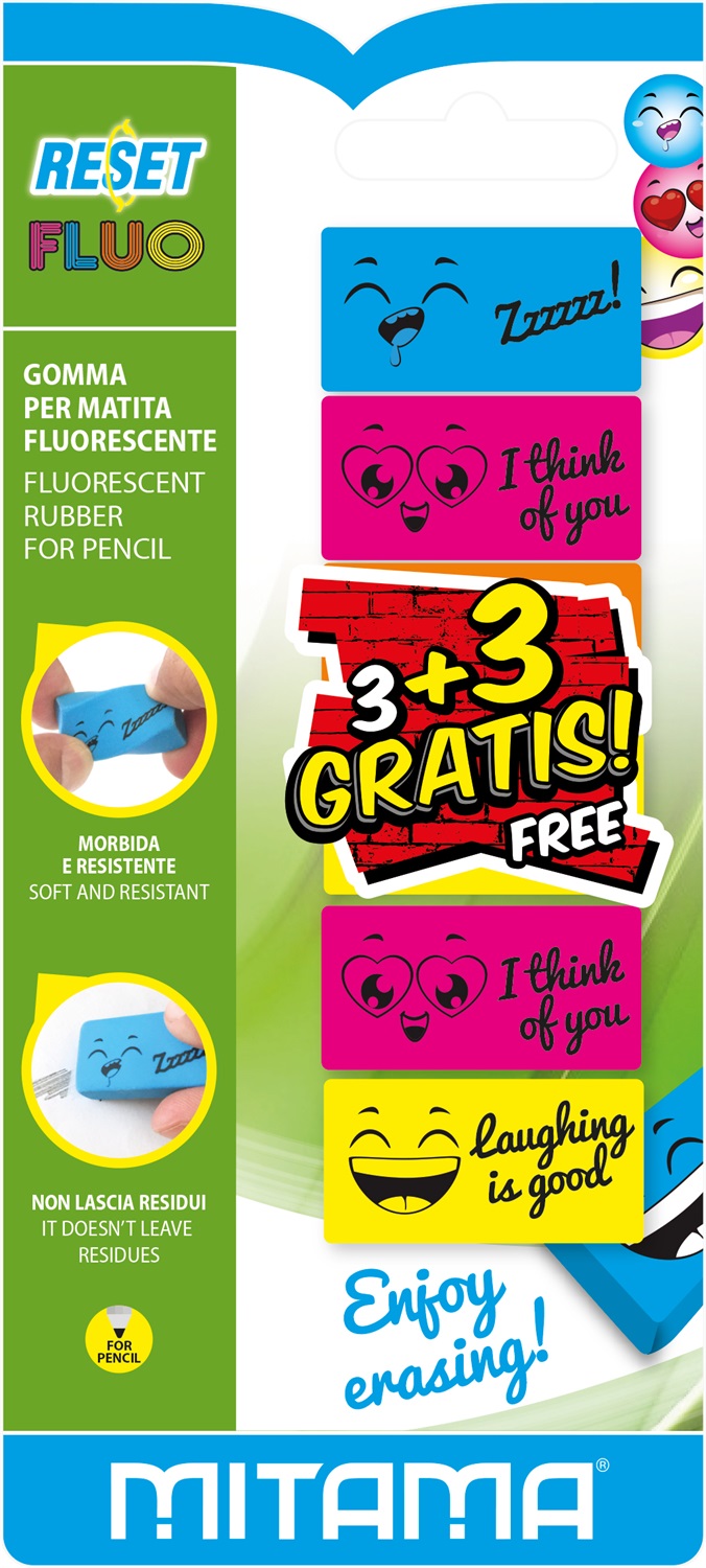 Mitama Reset Fluo Gomma per Matita - Colori Fluo Assortiti, 4 Pezzi 1 Omaggio, Eco-Pvc, Ultra Cancellante