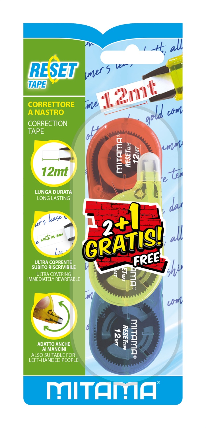 Mitama Correttore a Nastro Reset Multicolore 12m x 5mm - Confezione da 2 1 omaggio