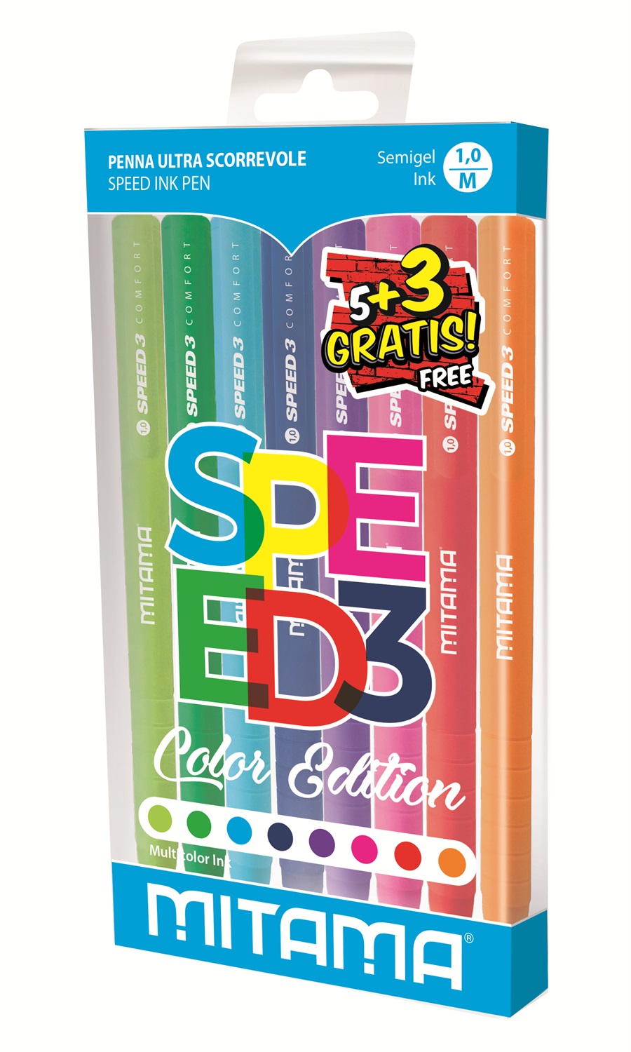Mitama Penna a Scatto Speed 3 Semi-Gel Comfort 1.0 mm - Set da 8 Colori Assortiti