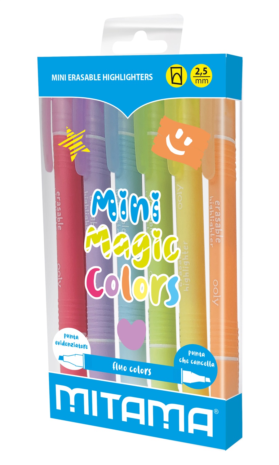 Mitama Evidenziatori Cancellabili Mini - 6 pz con Doppia Punta, Colori Assortiti in Pet Box Ecologico