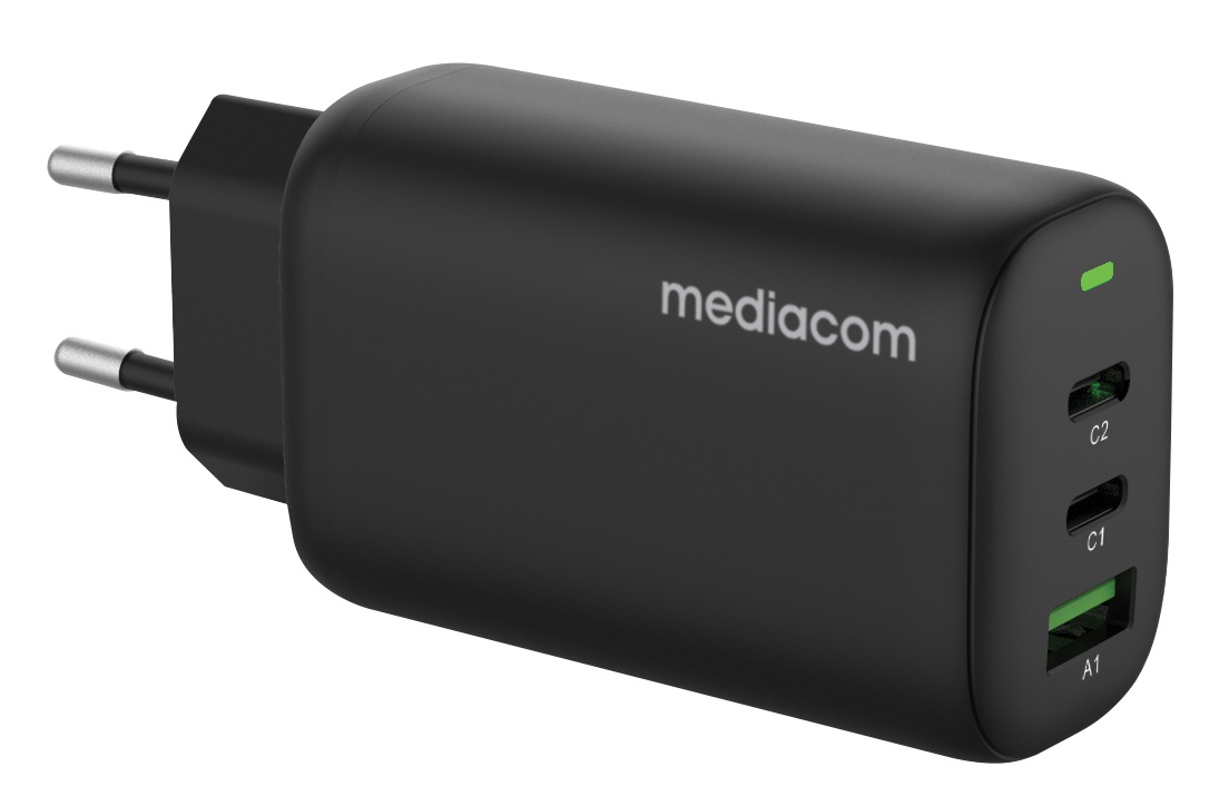 Mediacom Caricabatteria Fast Charger 65W con 2 Porte USB-C per Ricarica Rapida di Fino a 3 Dispositivi