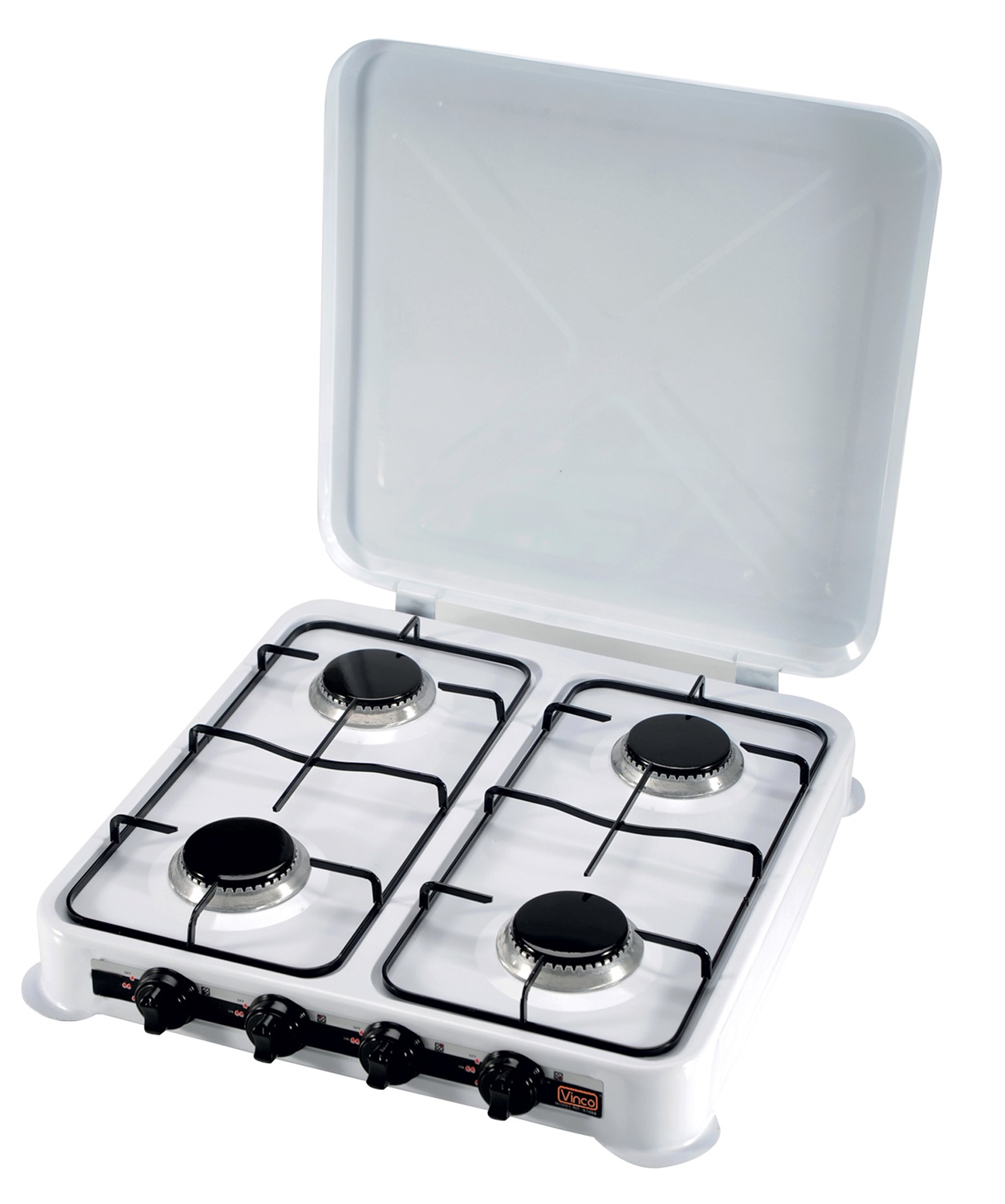 Vinco 76004 Fornello a Gas 4 Fuochi per Campeggio - Potenza 0,85 a 1,4 kW, Struttura in Acciaio Smaltato, Griglia Removibile
