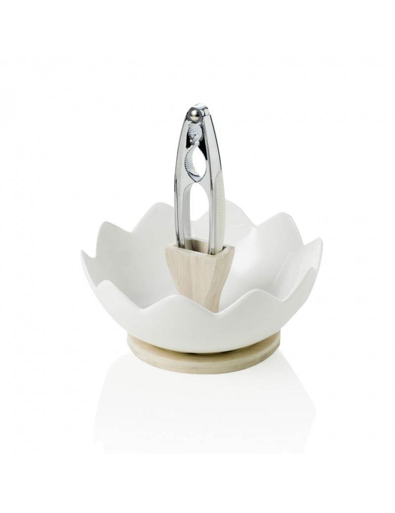 BRANDANI Ciotola Portanoci Zigozago in Porcellana Bianca e Bamboo Naturale con Schiaccianoci - 20x20cm