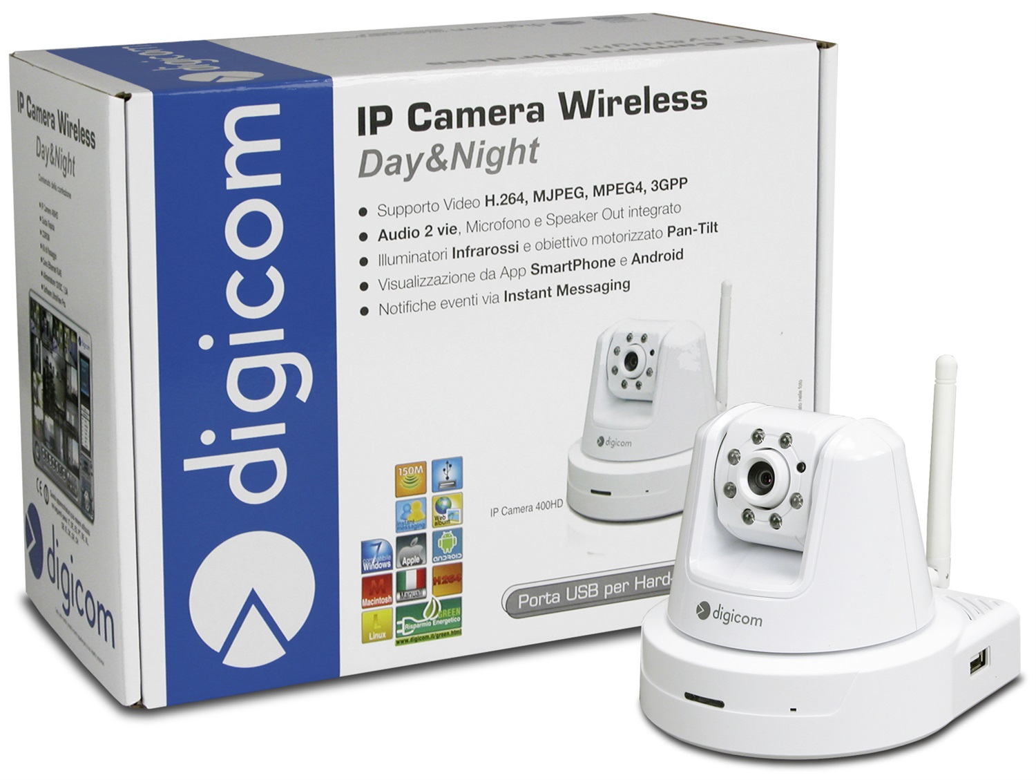 DIGICOM IP Camera 400HD - Telecamera di Sicurezza Wi-Fi Pan-Tilt Interna 1280 x 1024 Pixel con Porta USB