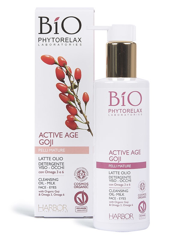 Phytorelax Laboratories Latte Olio Detergente Viso e Occhi - Active Age Goji, 200 ml, Rimuove Make-up e Impurità, 99% Ingredienti Naturali
