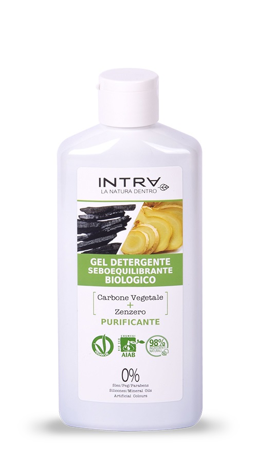 INTRÀ Gel Detergente Viso Biologico Purificante Carbone Vegetale & Zenzero 200ml - Seboequilibrante con Texture Nera