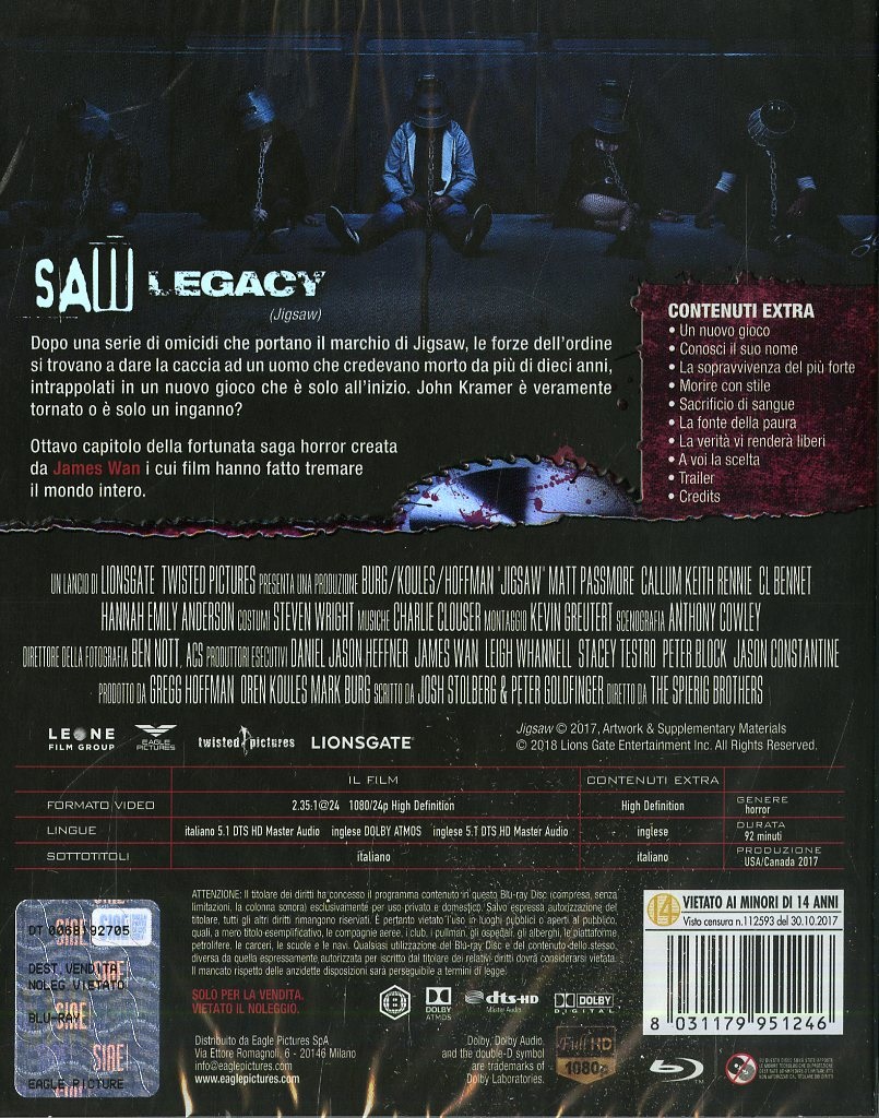 Eagle Pictures Saw: Legacy (Blu-ray) - Con Card Tarocco, Genere: Crime, Valutazione: R