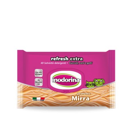 Inodorina Refresh Extra Salviette Detergenti Profumate alla Mirra con Olio di Argan - Confezione da 40 Salviette per Cani e Gatti