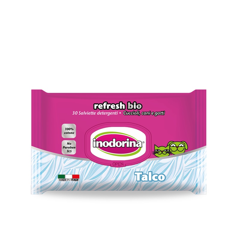 Inodorina Salviette Detergenti Bio Talco - 30 Pezzi in Tessuto 100% Cotone Biodegradabile per Cani e Gatti