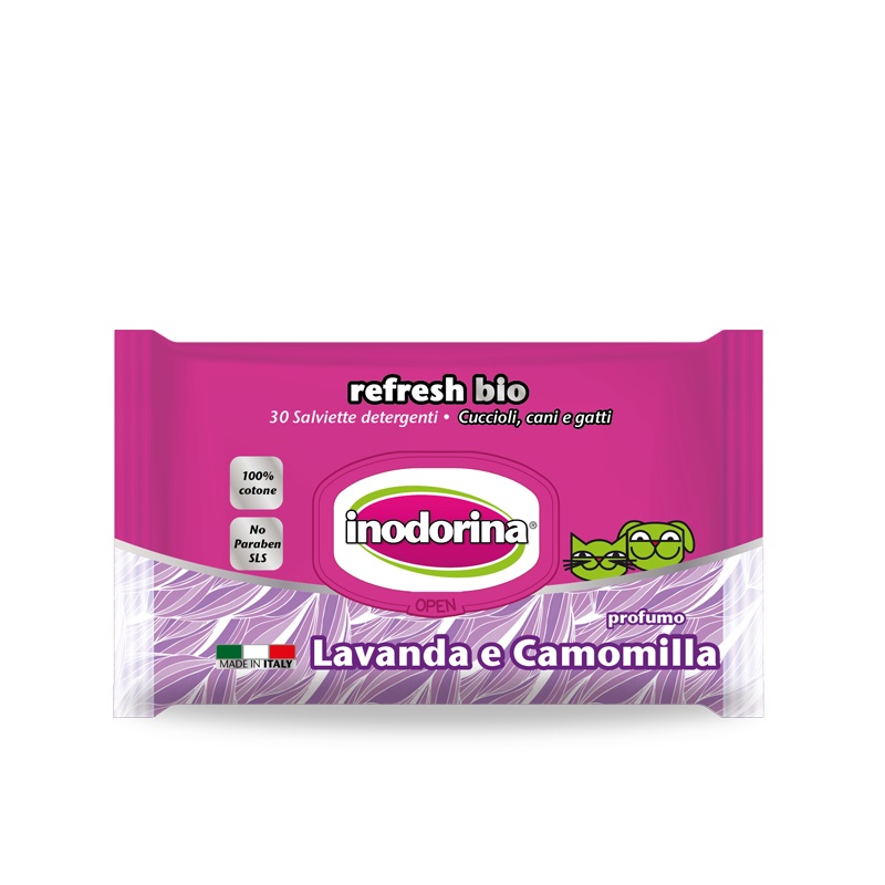 Inodorina Refresh Bio Salviette Detergenti Lavanda e Camomilla - 30 Pezzi in Cotone Biodegradabile per Cani e Gatti