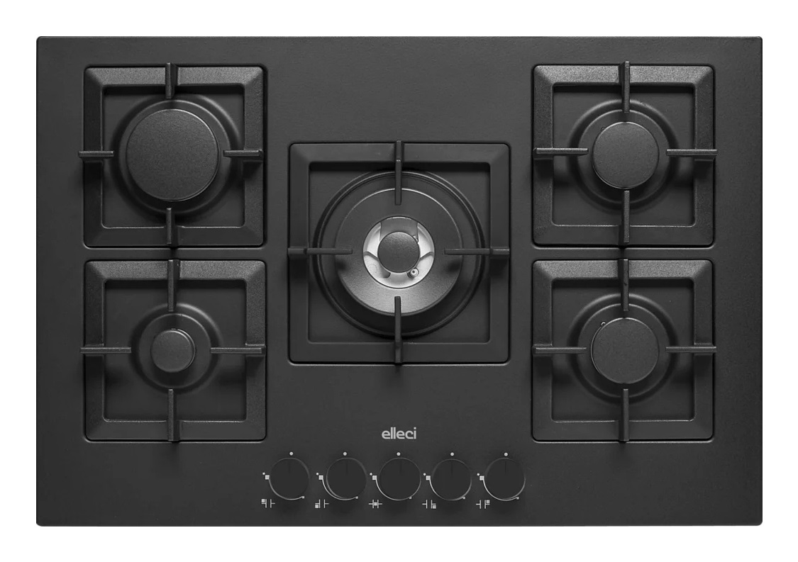 Elleci Plano 75 TCC Piano Cottura da Incasso Nero 75 cm a Gas con 5 Fuochi e Accensione Automatica