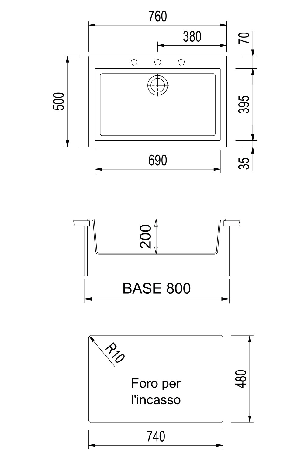 Plados Lavello 1 Vasca Serie One 76-10 in Ultragranit Tartufo - Dimensioni 760x505 mm