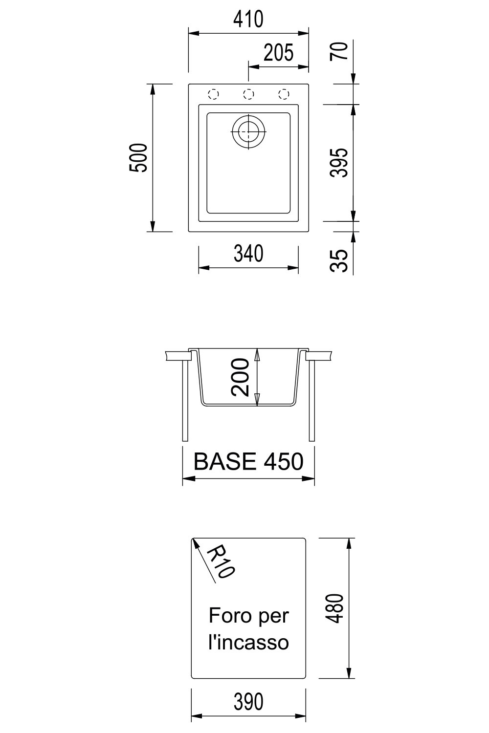 Plados Lavello da Cucina 1 Vasca in Ultragranit Tartufo - Dimensioni 41x50.5 cm, Incasso 39x48 cm