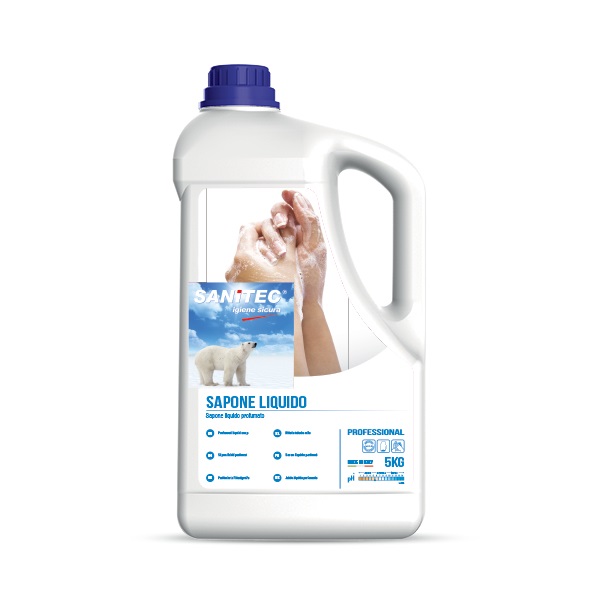Sanitec Sapone Liquido Karité 5L - Idratante e Antibatterico per Mani, Viso e Corpo, pH 5.5, Dermatologicamente Testato