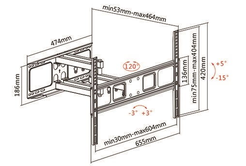 Munari SP350 - Supporto TV fino a 70'' con 3 Snodi, Inclinazione -15° a 5°, Max 40 Kg, Nero