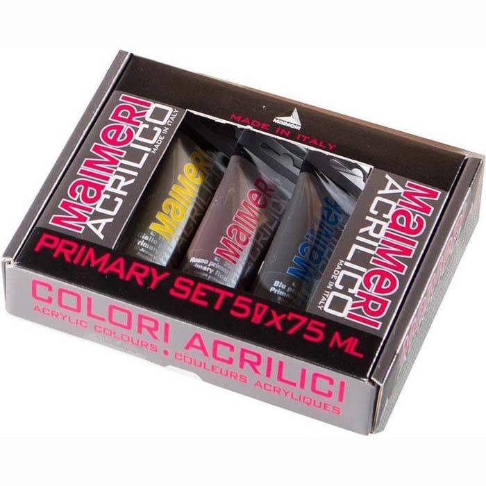 Maimeri Colori Acrilici Primari - Set da 5 Tubetti da 75 ml - Colori Assortiti, Ideali per Applicazione a Spessore e Velatura