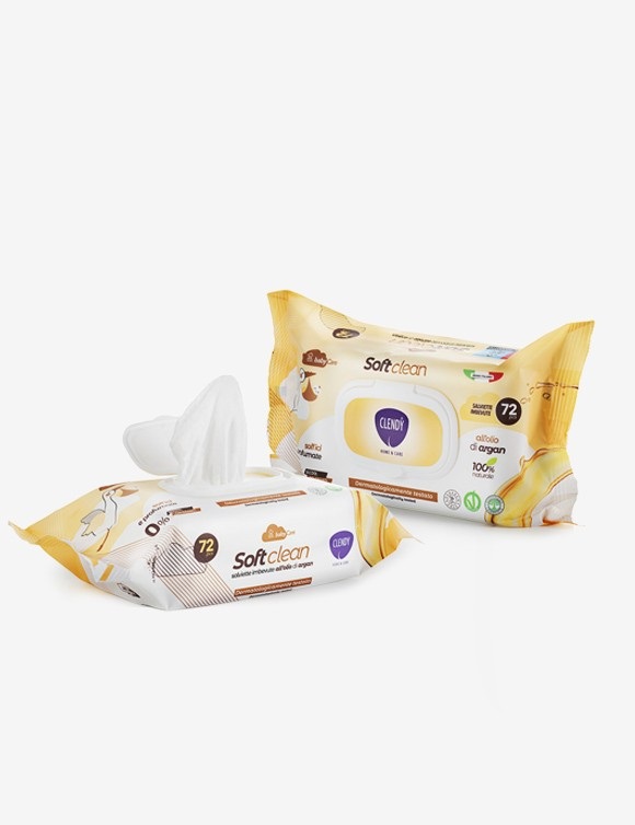 CLENDY Salviette Imbevute Soft Clean con Olio di Argan - 72 Pezzi, 100% Naturali e Soffici per Bambini