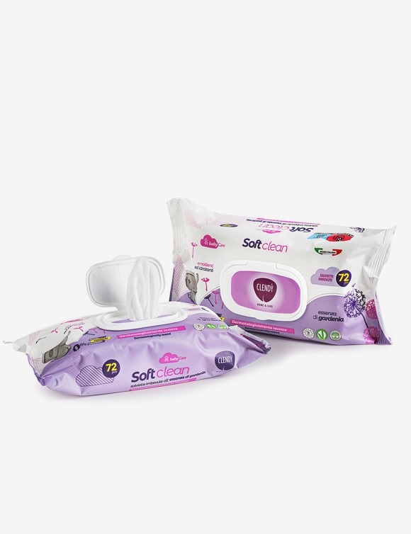 CLENDY Salviette Imbevute Soft Clean 72 pz con Essenza di Gardenia - Emollienti e Idratanti per la Pelle dei Bambini