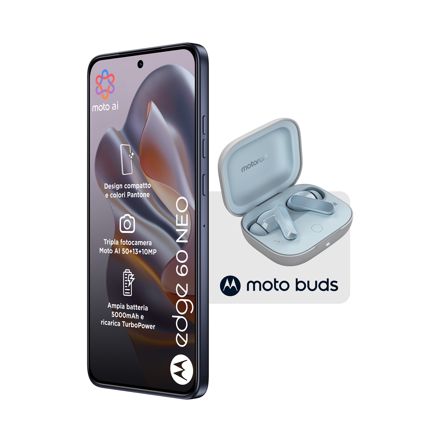 Motorola Edge 60 Neo - Smartphone 6,36'' Doppia SIM, 8GB RAM, 256GB, 5G, Android 15, Grigio con Moto Buds