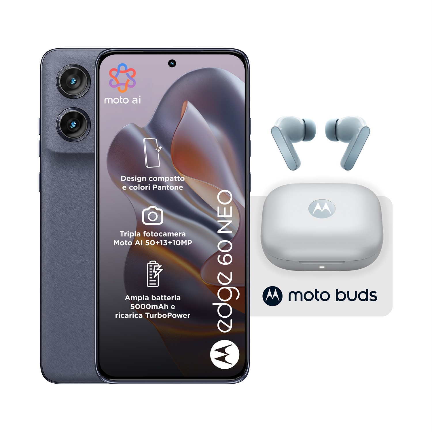 Motorola Edge 60 Neo - Smartphone 6,36'' Doppia SIM, 8GB RAM, 256GB, 5G, Android 15, Grigio con Moto Buds