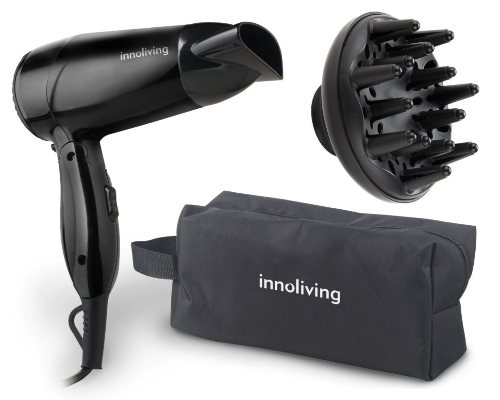 Innoliving Asciugacapelli Pieghevole INN-618 1600 W con Diffusore, Custodia, 2 Velocità e Tasto Aria Fredda - Nero