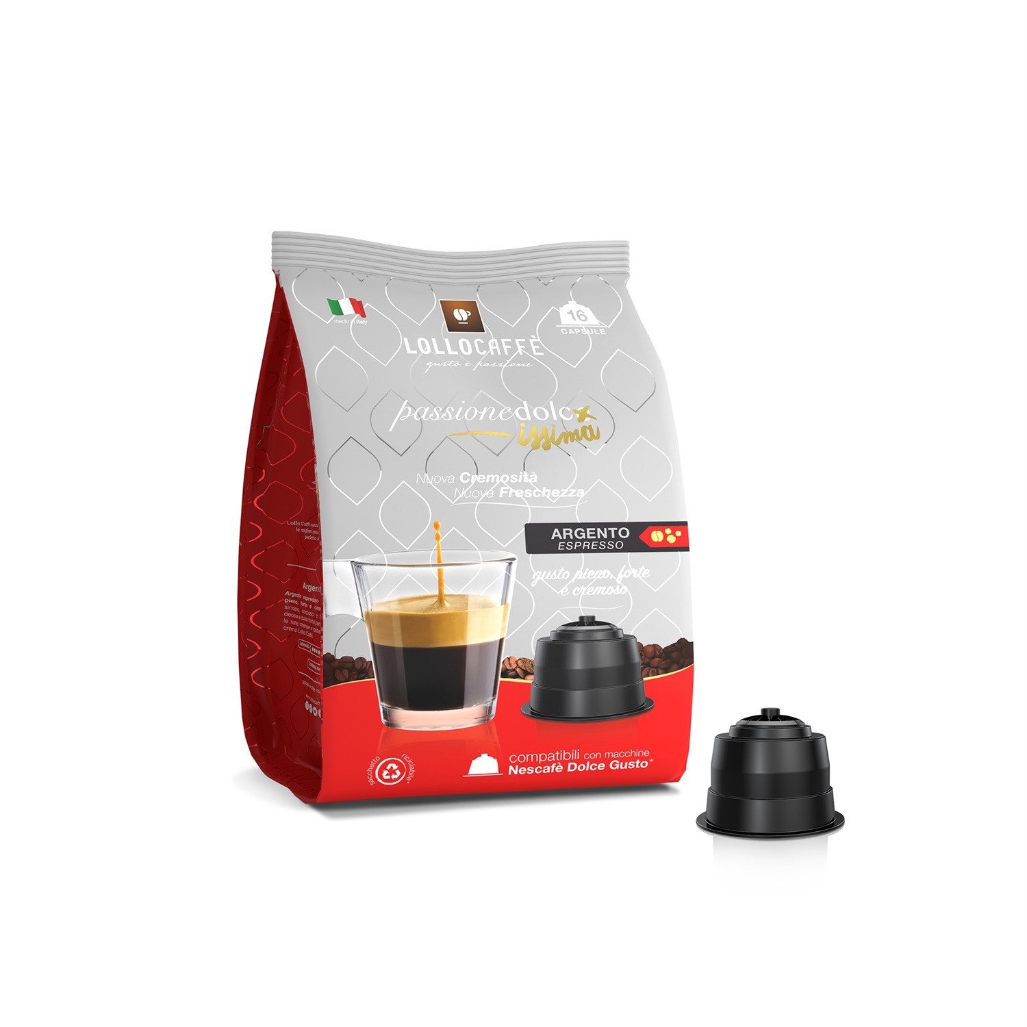 Lollo Caffè Argento - 16 Capsule Compatibili Dolce Gusto, Gusto Intenso e Cremoso, Intensità 11