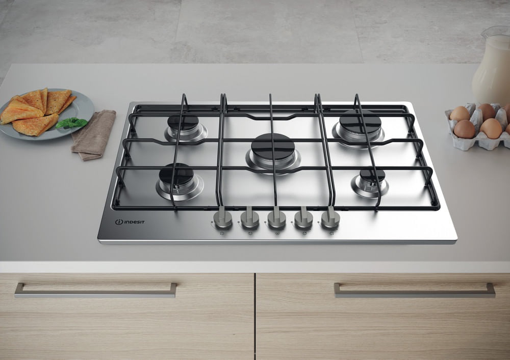 Indesit THP 752 IX/I Piano Cottura a Gas 75 cm, 5 Fuochi, Acciaio Inox, Da Incasso