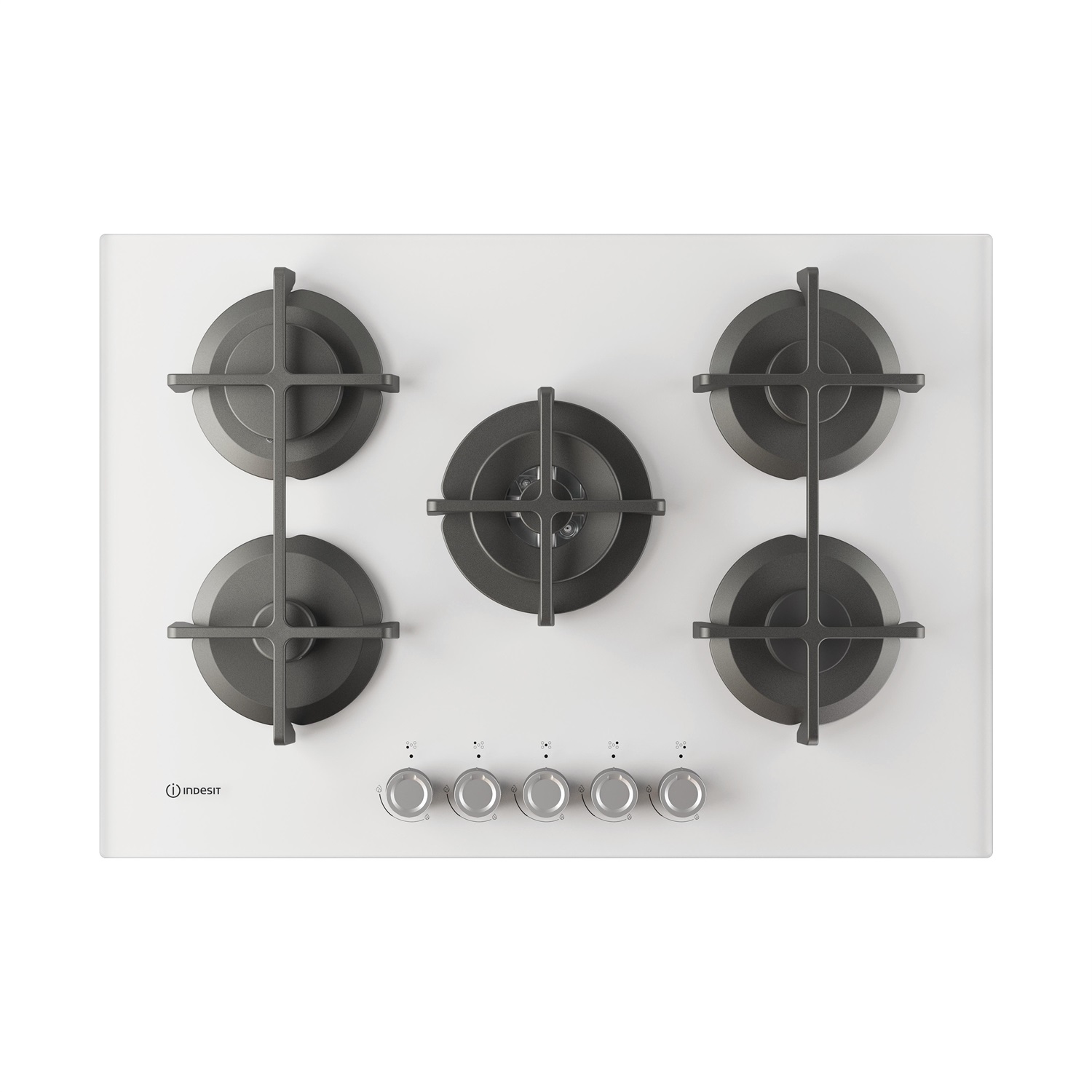 Indesit ING 72T/WH Piano Cottura da Incasso a Gas 75 cm 5 Fuochi con Bruciatore Doppia Corona e Griglie in Ghisa Lavabili in Lavastoviglie - Colore Bianco