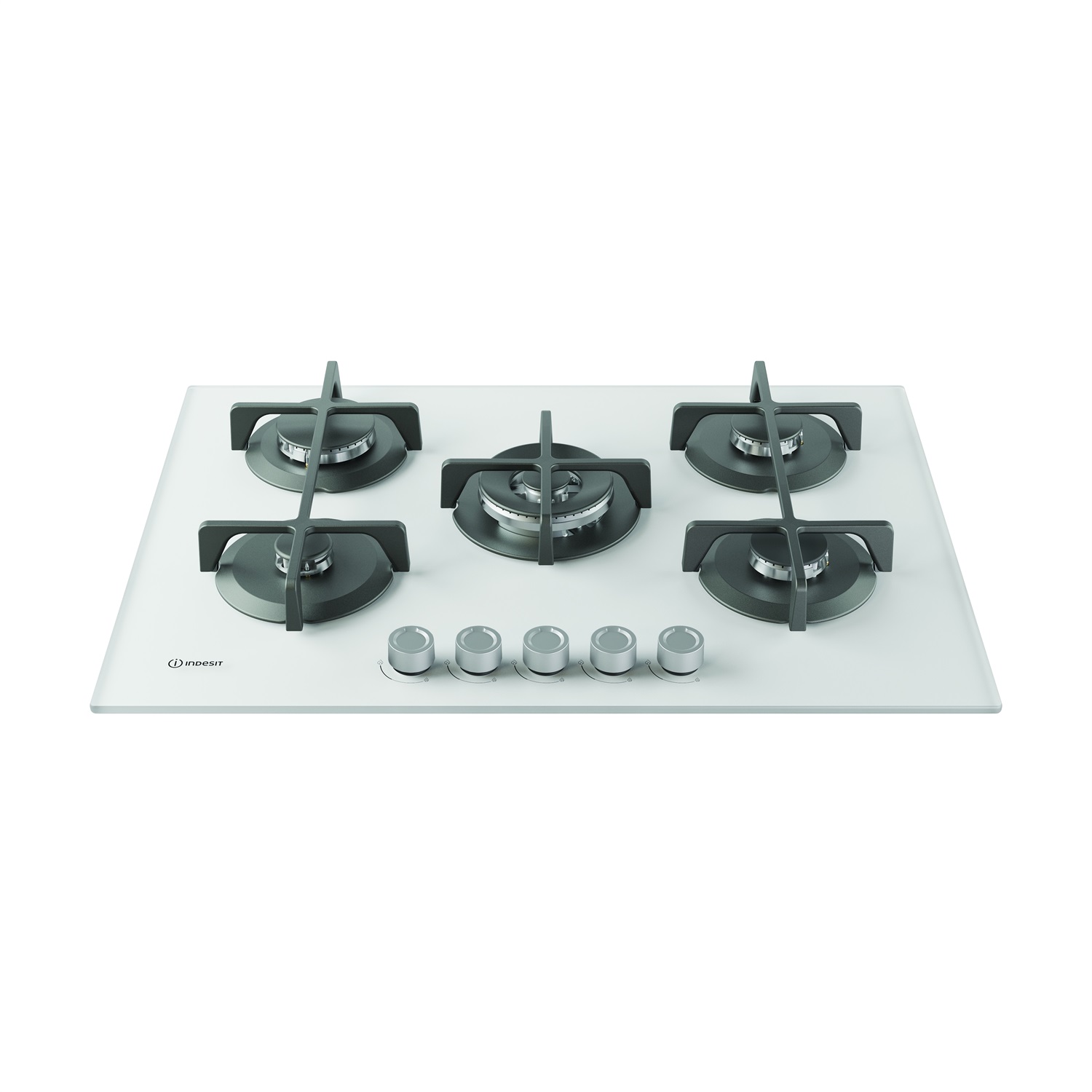 Indesit ING 72T/WH Piano Cottura da Incasso a Gas 75 cm 5 Fuochi con Bruciatore Doppia Corona e Griglie in Ghisa Lavabili in Lavastoviglie - Colore Bianco