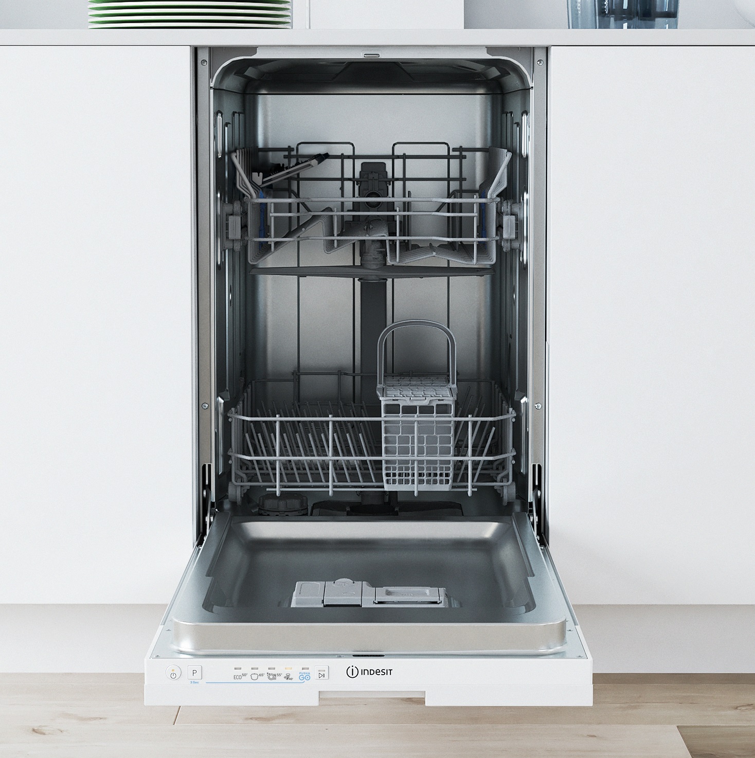 Indesit Lavastoviglie A Scomparsa Totale 45 cm, 10 Coperti, Classe E, Push&Go, 46 dBA, Bianco