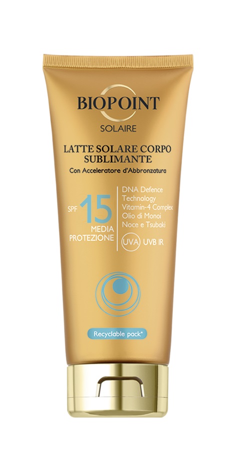 Biopoint Latte Solare Sublimante SPF 15 - 200 ml, Texture Cremosa e Veloce Assorbimento, DNA Defence Technology