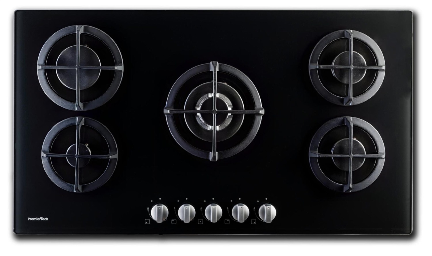 PremierTech PC5G90V Piano Cottura a Gas 5 Fuochi 90 cm Vetro Nero con Bruciatore Wok e Accensione Elettrica