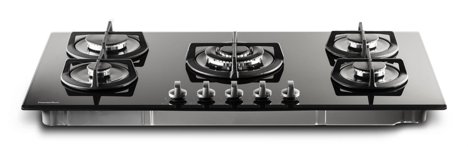 PremierTech PC5G90V Piano Cottura a Gas 5 Fuochi 90 cm Vetro Nero con Bruciatore Wok e Accensione Elettrica