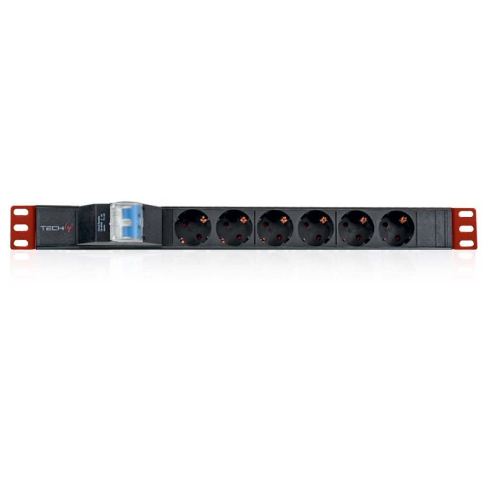 Techly I-CASE STRIP-61UD Multipresa da Rack 19'' con 6 Uscite, Protezione Magnetotermica e Spina Schuko Angolata