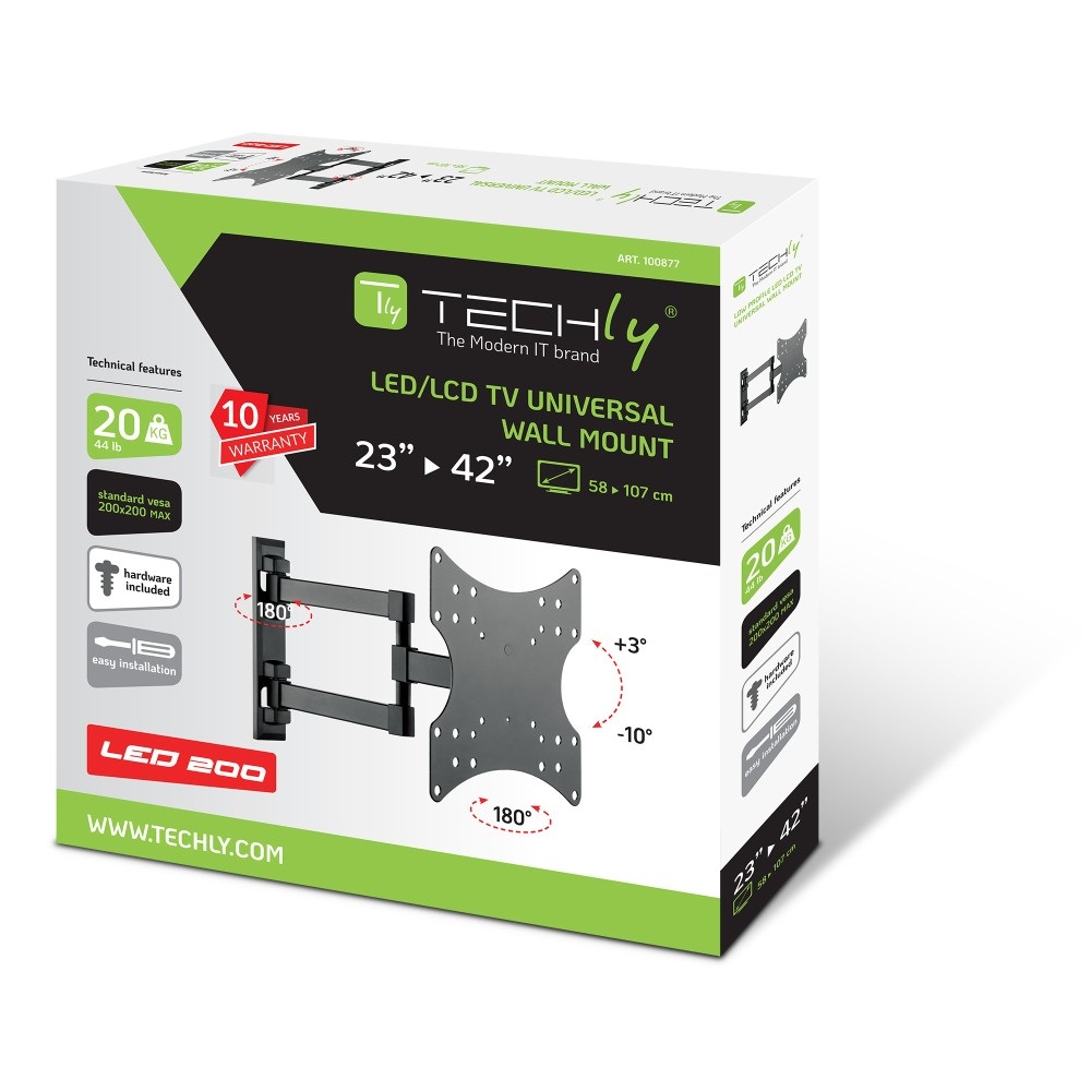 Techly Supporto a Muro Inclinabile per TV LED LCD 23-42'' con 3 Snodi - Nero