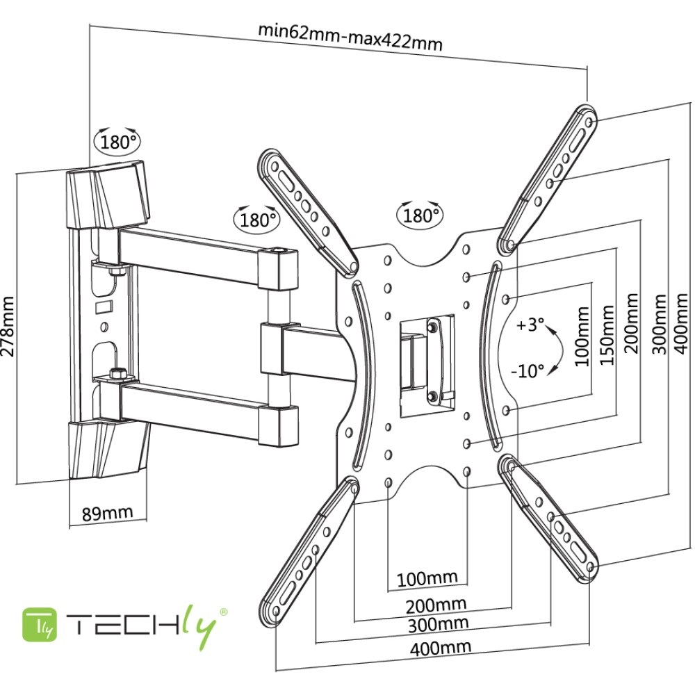 Techly Supporto a Muro Ultra Slim per TV LED LCD 32-55'' Nero - Inclinazione 3° a -10°, VESA 100x100 a 400x400, Max 30 kg