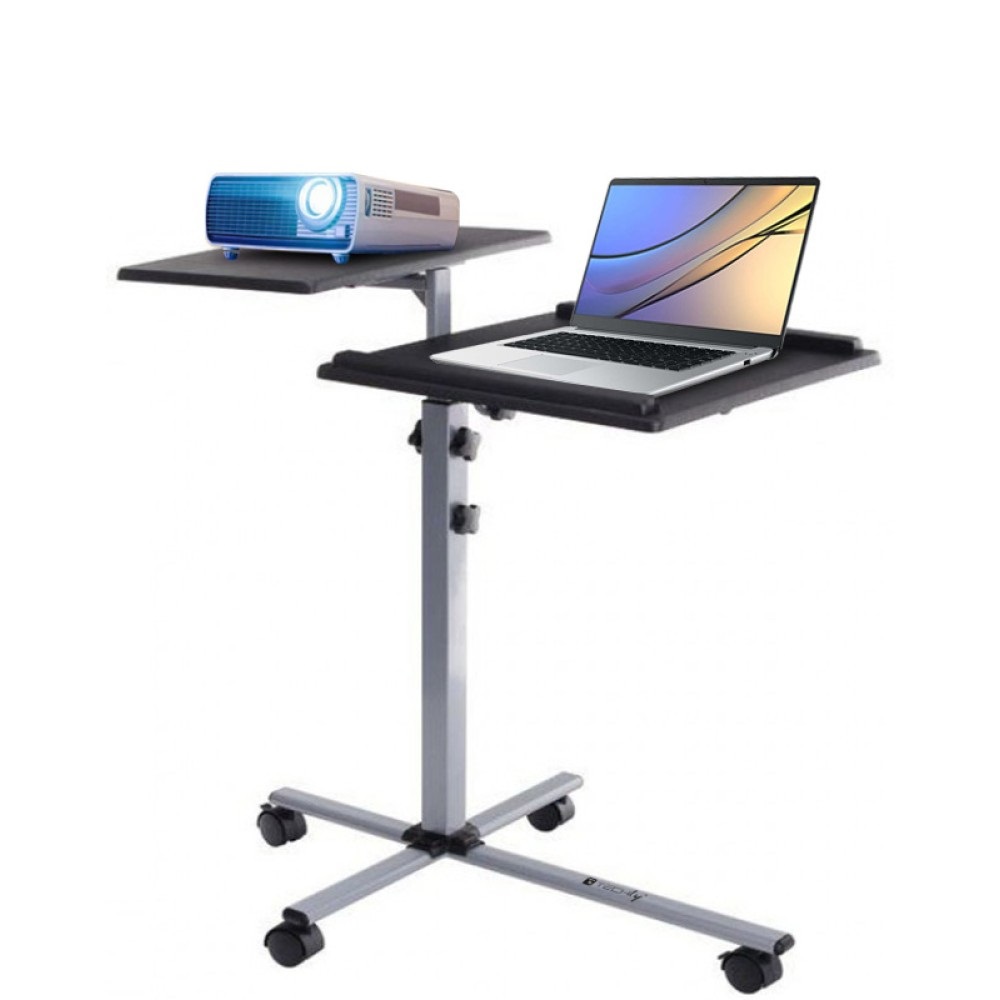 Techly 101485 Carrello Regolabile per Proiettore e Notebook a Due Ripiani in Legno Composito e Acciaio - Nero/Argento