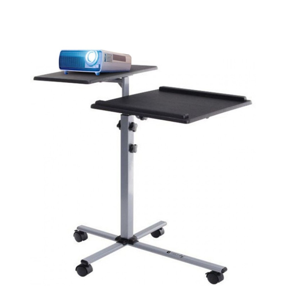 Techly 101485 Carrello Regolabile per Proiettore e Notebook a Due Ripiani in Legno Composito e Acciaio - Nero/Argento