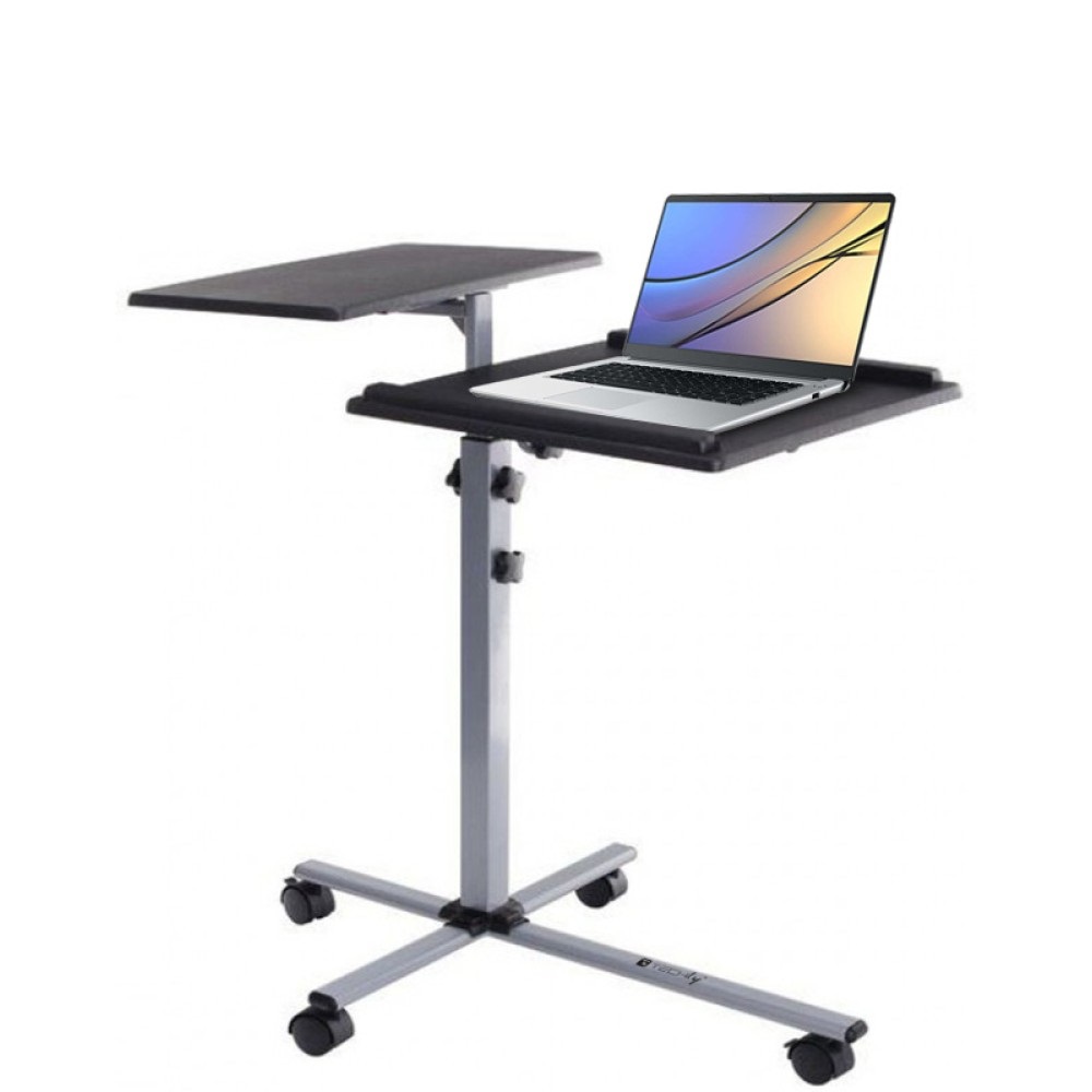 Techly 101485 Carrello Regolabile per Proiettore e Notebook a Due Ripiani in Legno Composito e Acciaio - Nero/Argento