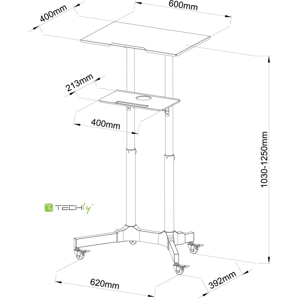 Techly ICA-TB TPM-1BK - Postazione di lavoro mobile nera, supporto per laptop regolabile da 1030 a 1250 mm, base compatta