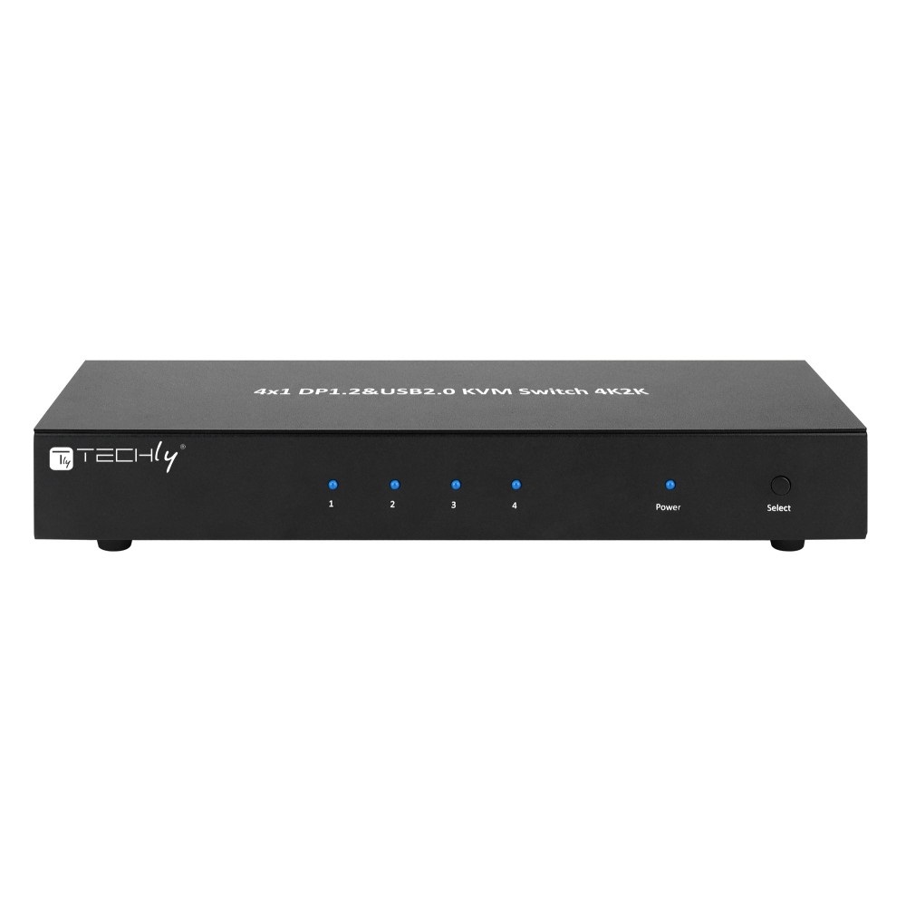 Techly IDATA DP-KVM4 Switch KVM 4 Porte DisplayPort 1.2 e USB 2.0 con Hub e Audio - Montaggio Rack Nero