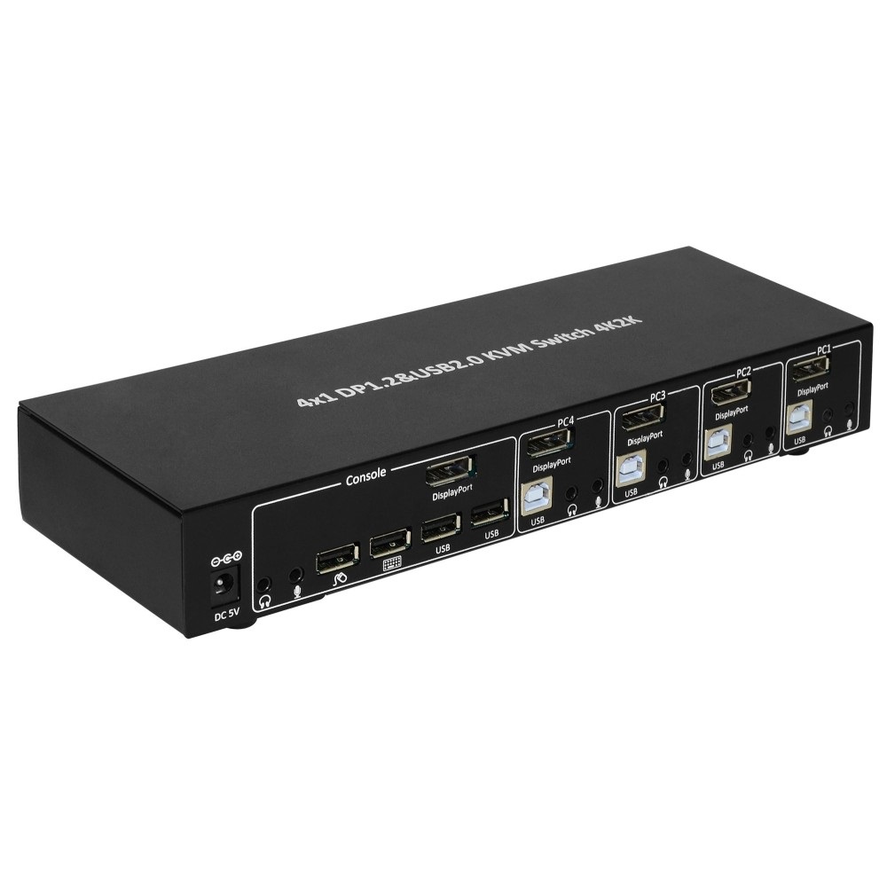 Techly IDATA DP-KVM4 Switch KVM 4 Porte DisplayPort 1.2 e USB 2.0 con Hub e Audio - Montaggio Rack Nero