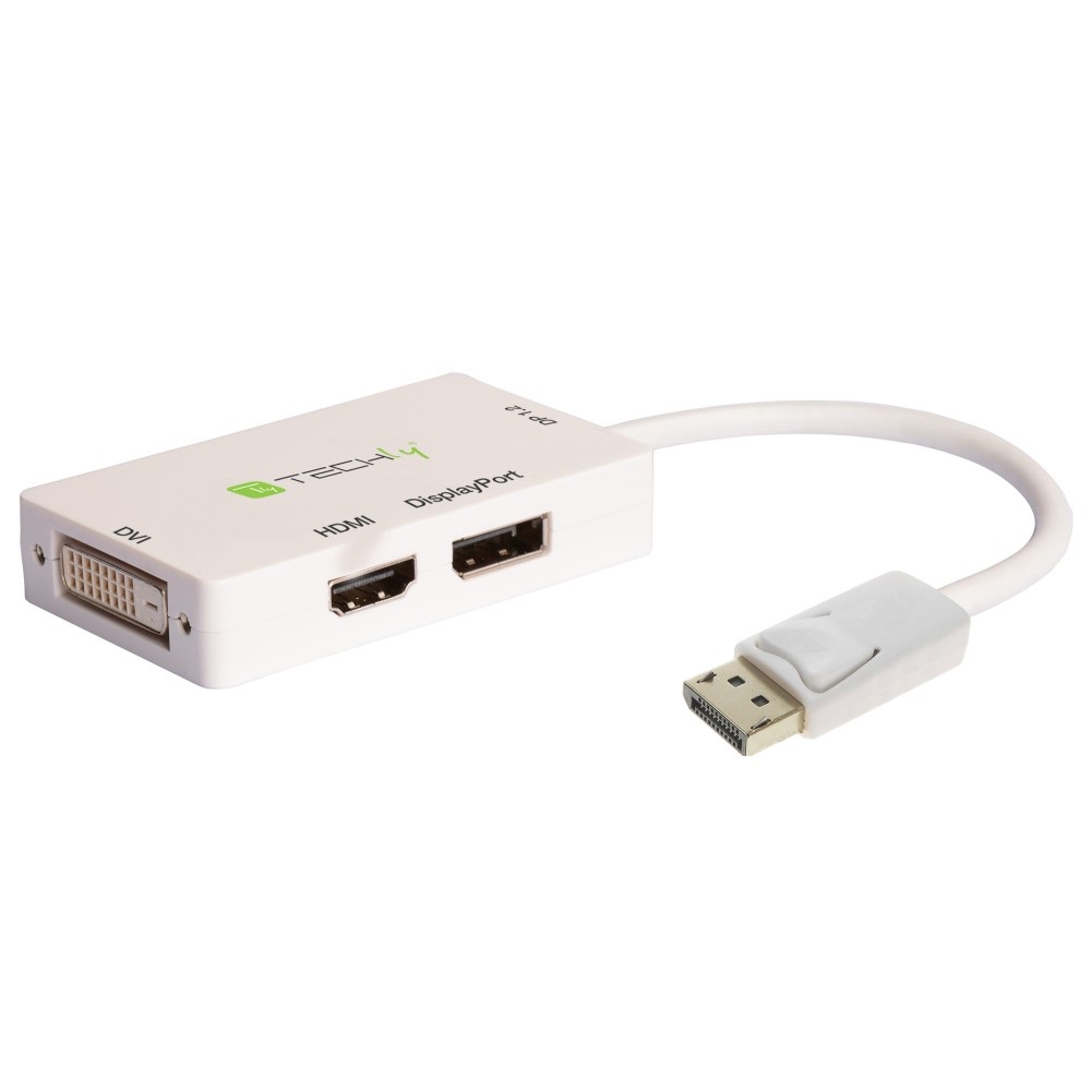 Techly 102055 Adattatore 3 in 1 DisplayPort a DVI/HDMI/DP Bianco - Supporto Dual Mode DP 1.2, Risoluzione DVI fino a 1080P