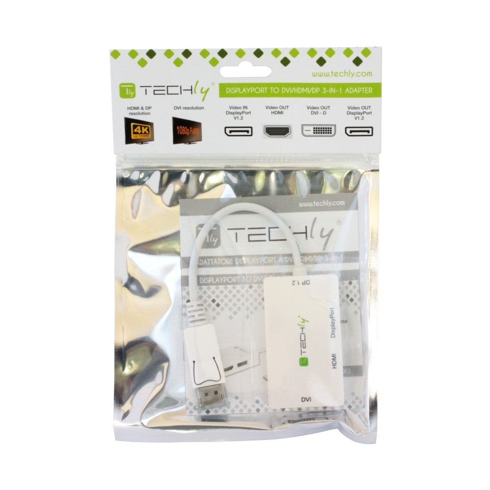 Techly 102055 Adattatore 3 in 1 DisplayPort a DVI/HDMI/DP Bianco - Supporto Dual Mode DP 1.2, Risoluzione DVI fino a 1080P