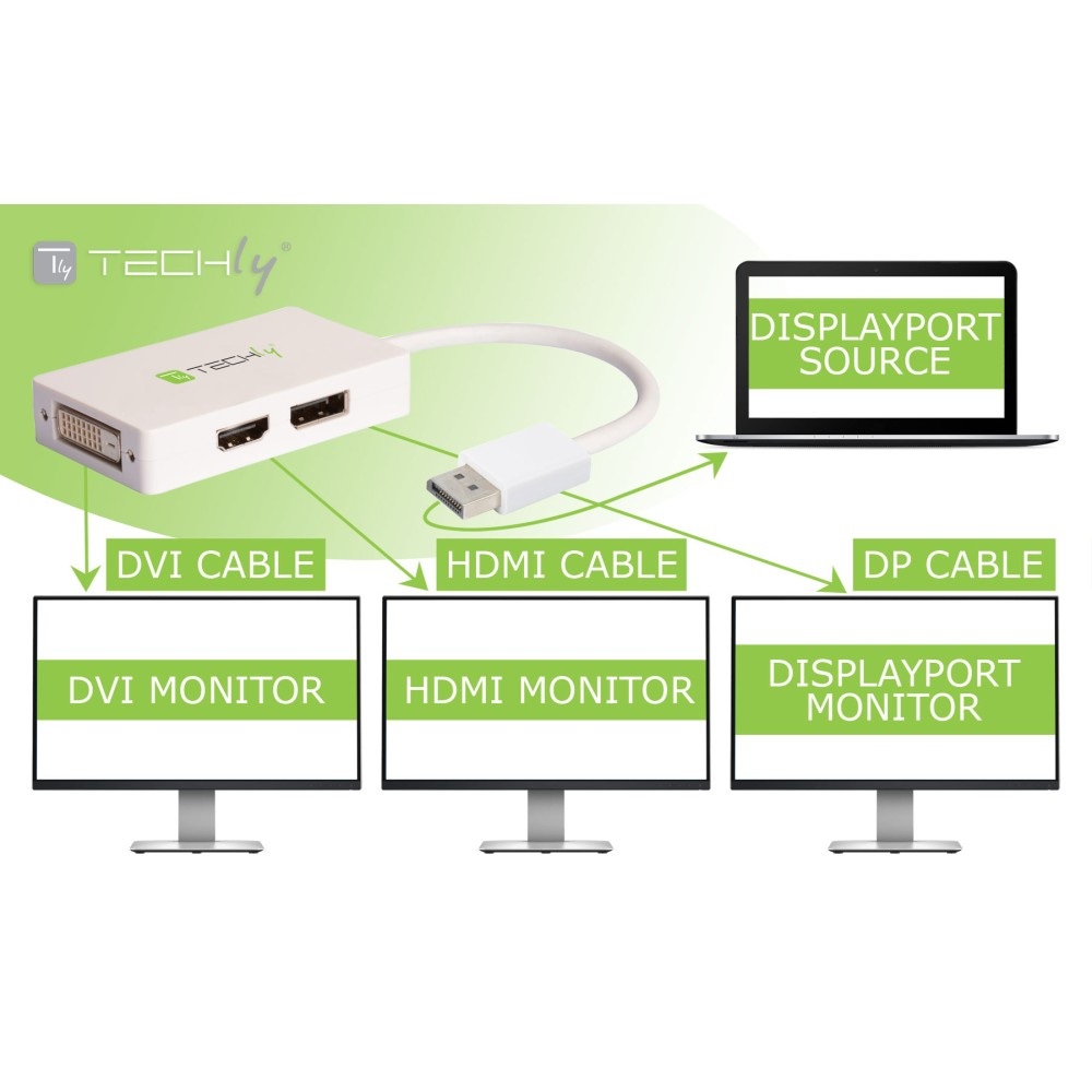 Techly 102055 Adattatore 3 in 1 DisplayPort a DVI/HDMI/DP Bianco - Supporto Dual Mode DP 1.2, Risoluzione DVI fino a 1080P