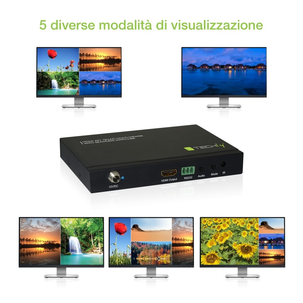 Techly IDATA HDMI-41MV Multiview HDMI 4x1 con switch seamless, supporto 4 sorgenti, 5 modalità multiview, 1080p, 60 Hz, Metallo Nero